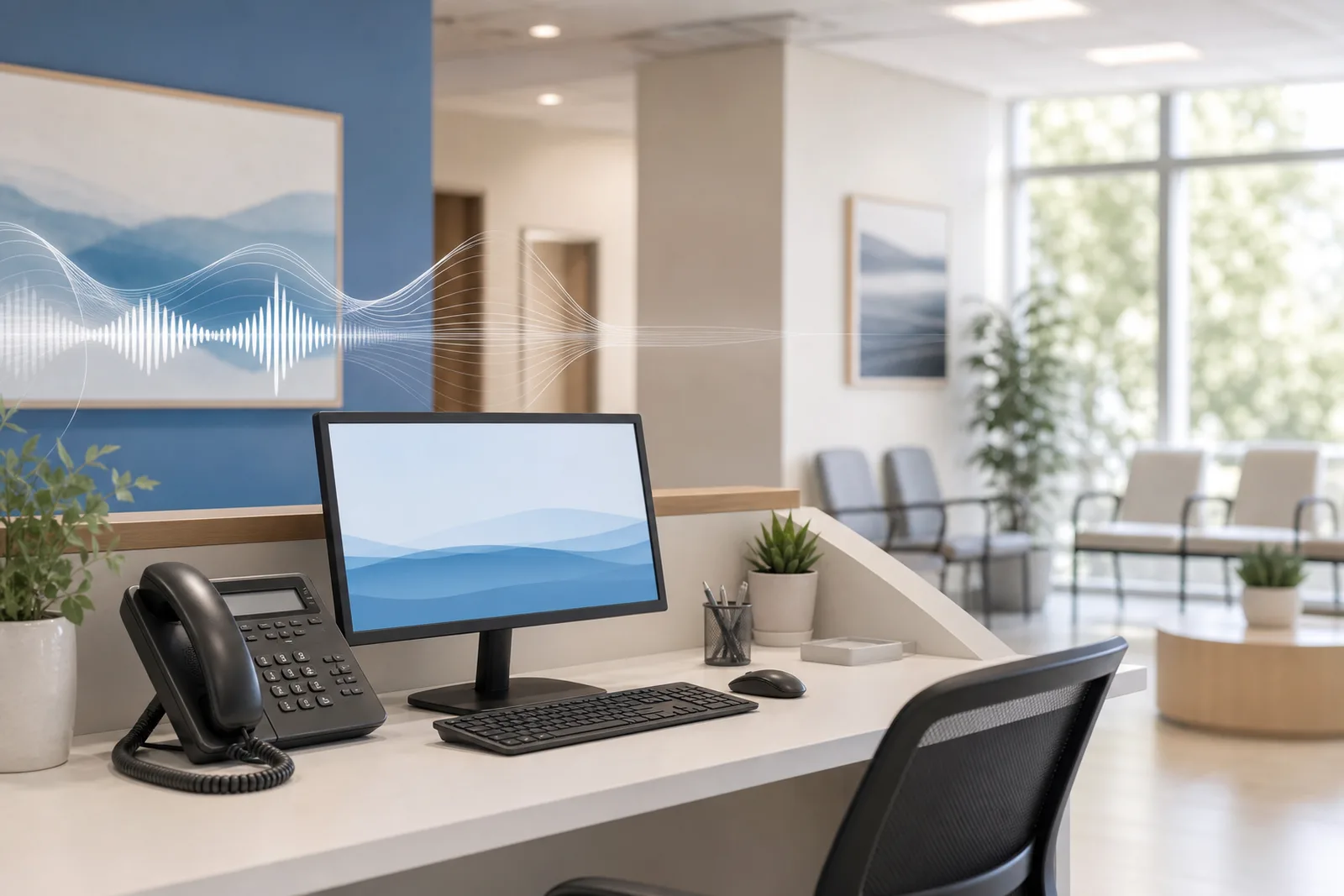 Medical practice reception desk with a phone and workstation, representing AI front-desk call handling