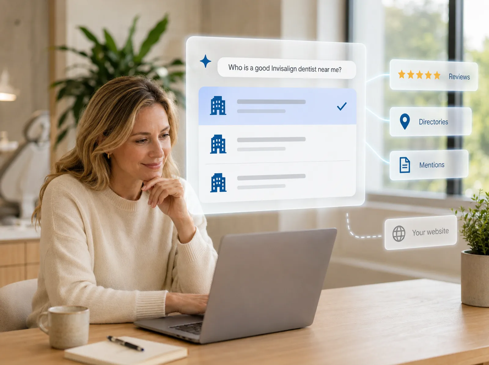 A patient question to an AI assistant with source chips for Google reviews, directories, articles and a dimmed website chip feeding the recommended answer