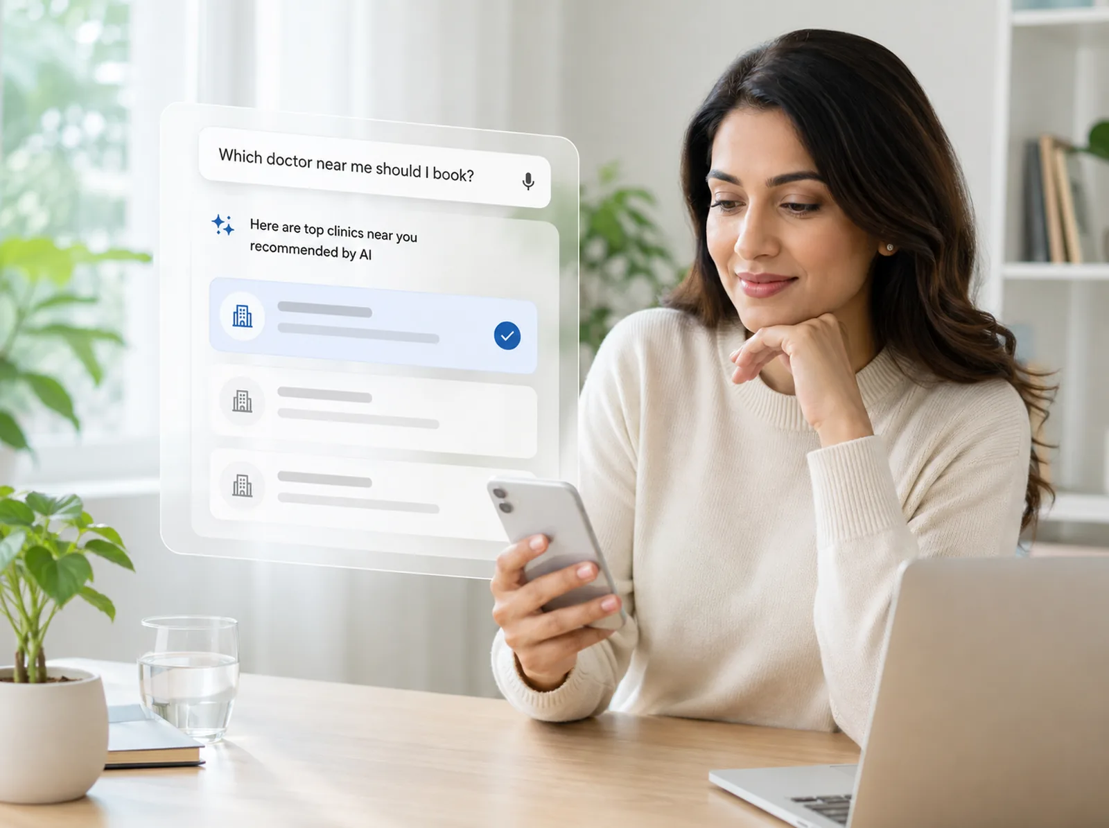 Patient asking an AI assistant which local medical practice to book, with a short recommended list in the answer