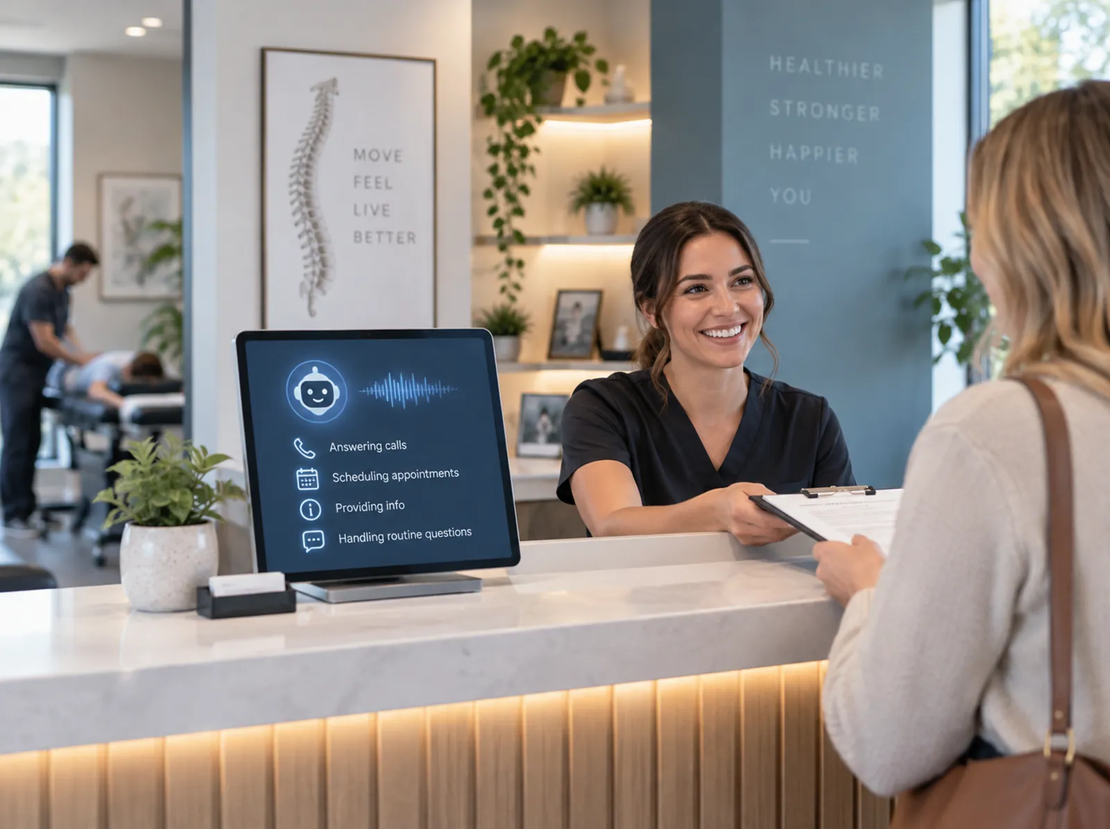 Chiropractic clinic front desk where the receptionist welcomes a patient while a tablet shows the practice's AI receptionist answering calls, scheduling appointments and handling routine questions, with an adjustment underway in the background