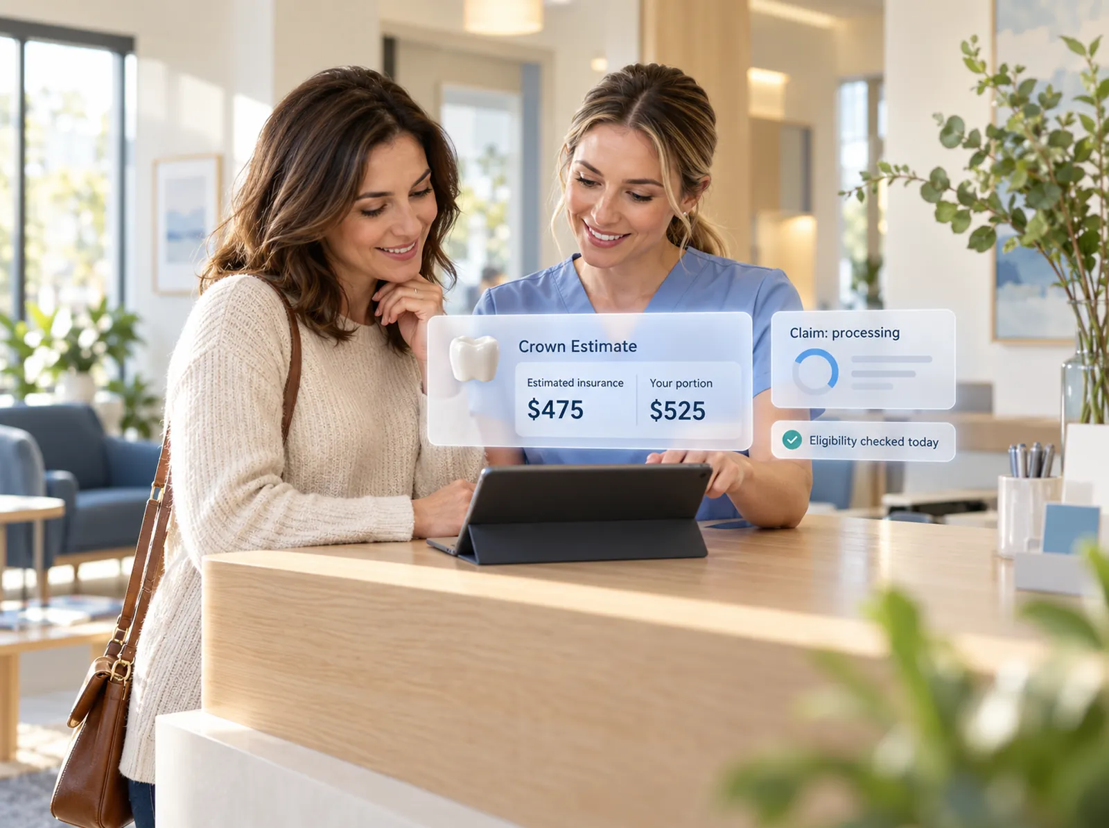Dental practice front desk where an insurance coordinator shows a patient a tablet, with floating cards for a crown estimate of $475 insurance and $525 patient portion, a claim still processing, and an eligibility check completed today