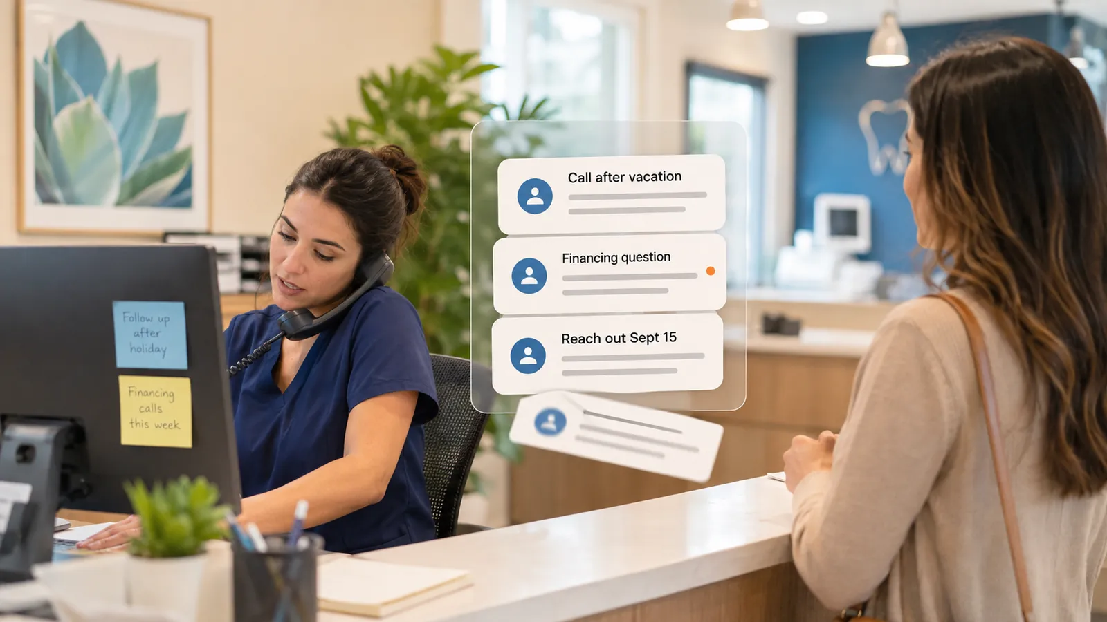 Busy dental front desk: a coordinator on the phone helps a patient at the counter while sticky notes and floating reminder cards (call after vacation, financing question, reach out Sept 15) pile up beside her monitor