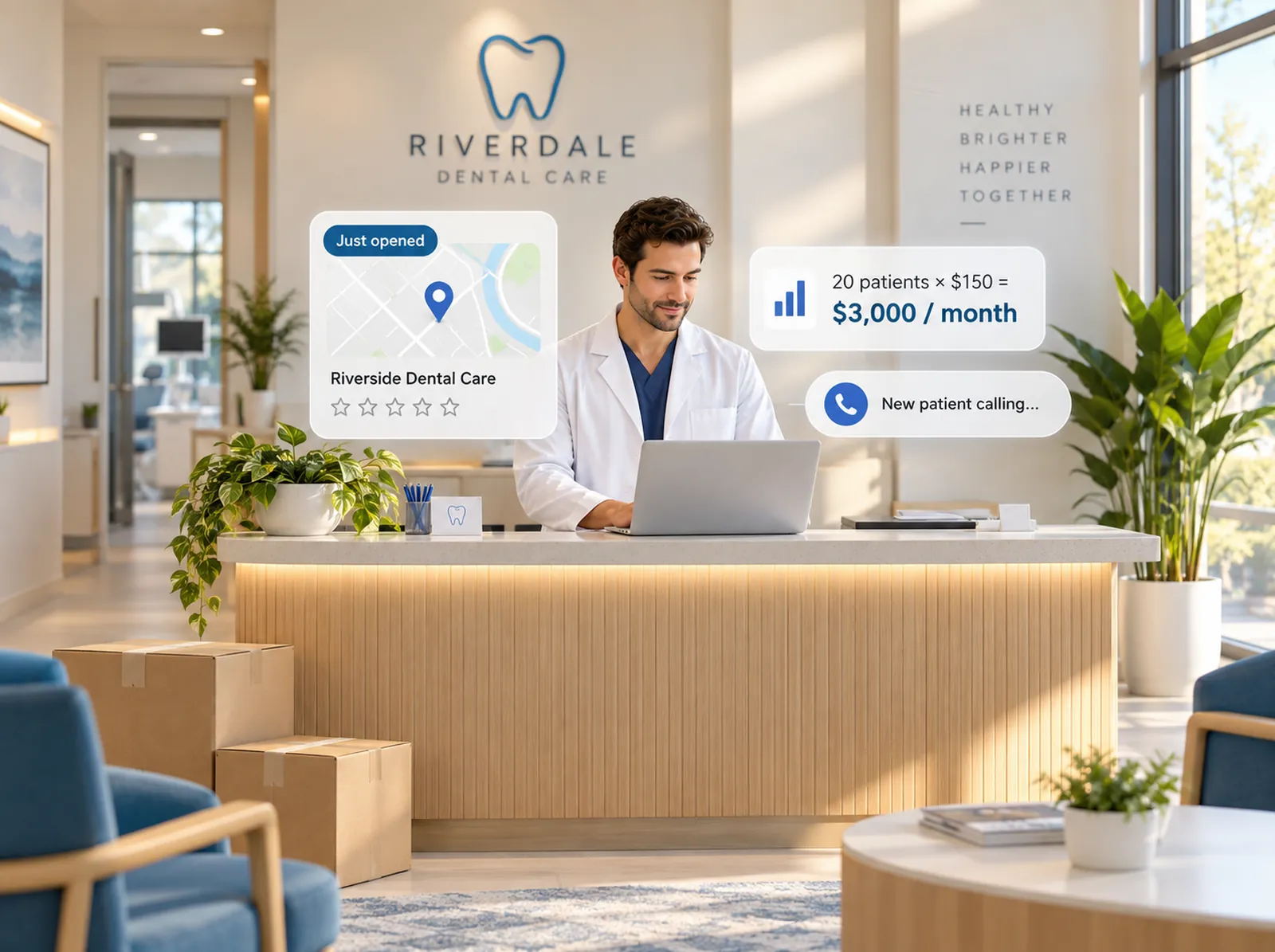 Dentist practice owner at a bright reception desk reviewing a laptop before opening, with floating cards showing a just-opened business profile, a budget of 20 patients times 150 dollars equals 3,000 dollars a month, and an incoming new-patient call