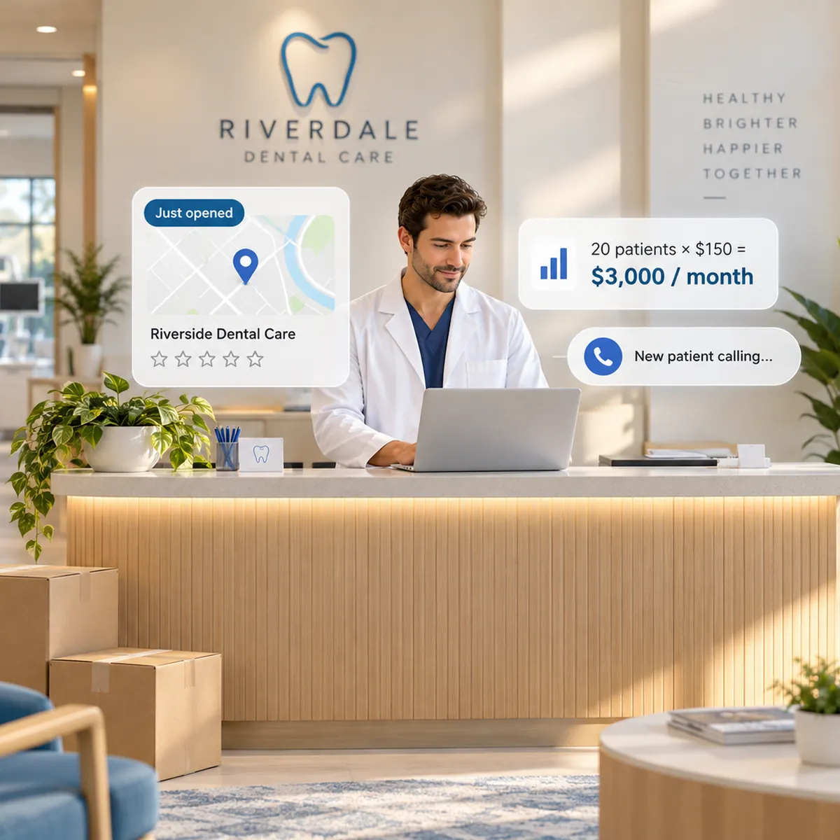 Dentist practice owner at a bright reception desk reviewing a laptop before opening, with floating cards showing a just-opened business profile, a budget of 20 patients times 150 dollars equals 3,000 dollars a month, and an incoming new-patient call