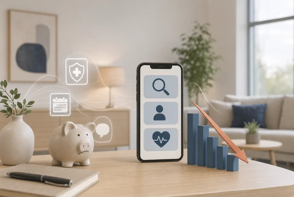 A phone showing search, patient and booking icons on a desk beside a worried piggy bank and a falling bar chart, with insurance, calendar and message icons drifting away