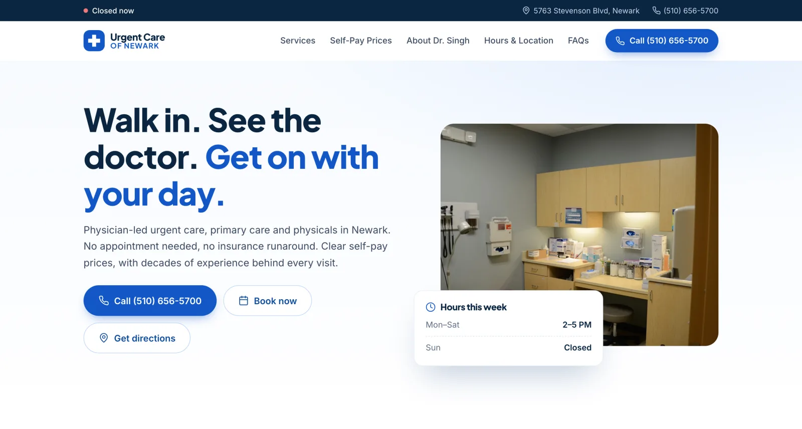Urgent Care of Newark homepage on desktop: walk-in headline, call, book and directions buttons, and this week's clinic hours