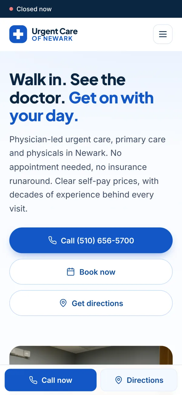 Urgent Care of Newark homepage on a phone, with one-tap call and directions buttons
